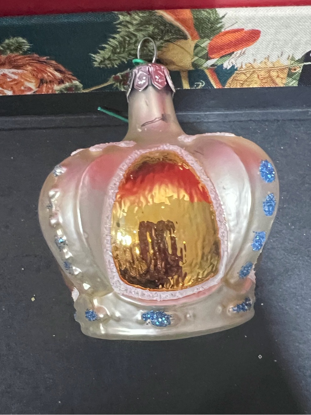 Christopher Radko Pink Crown Ornament with Gold Center and Blue Accents